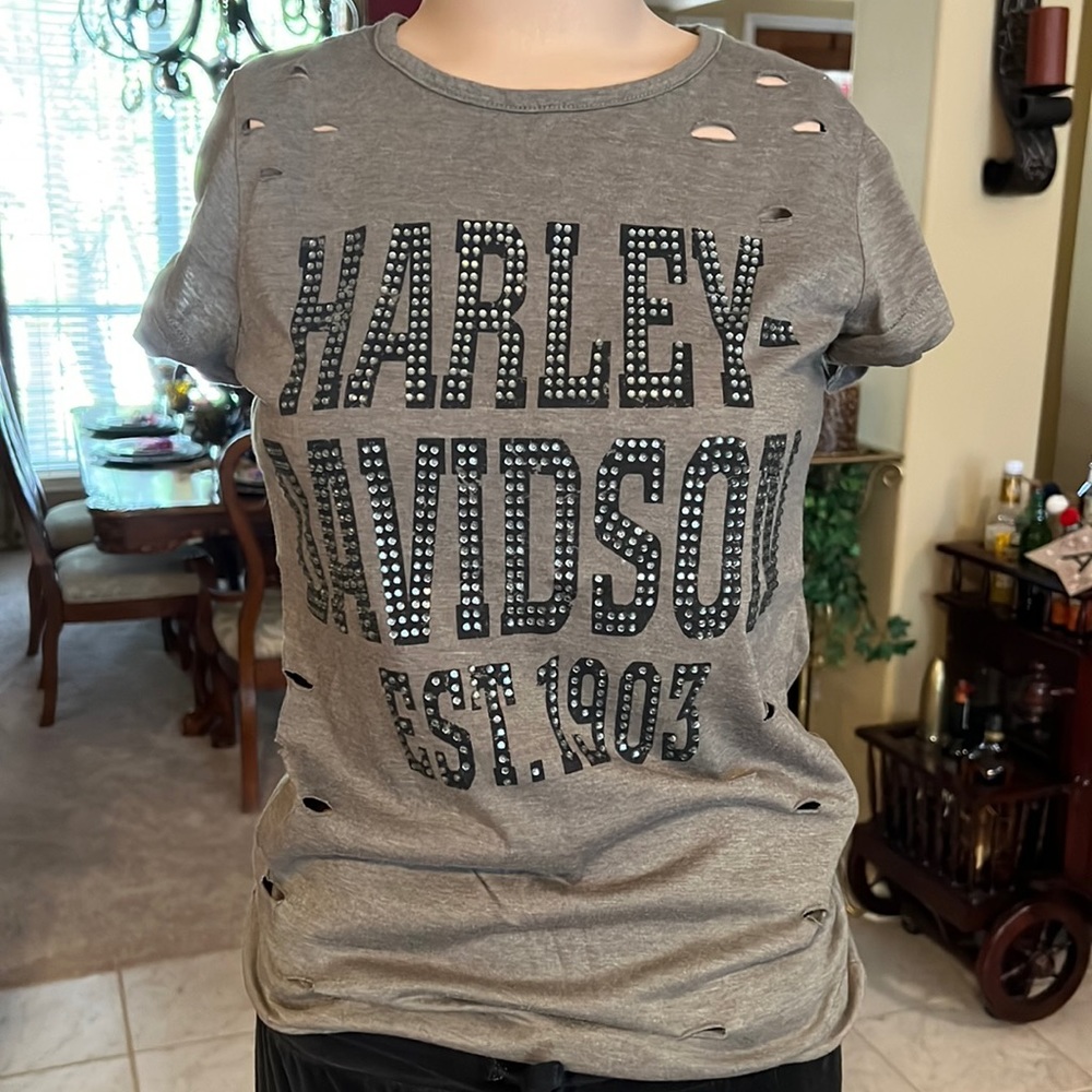 Army green, distressed Harley, Davison women’s shirt with rhinestones